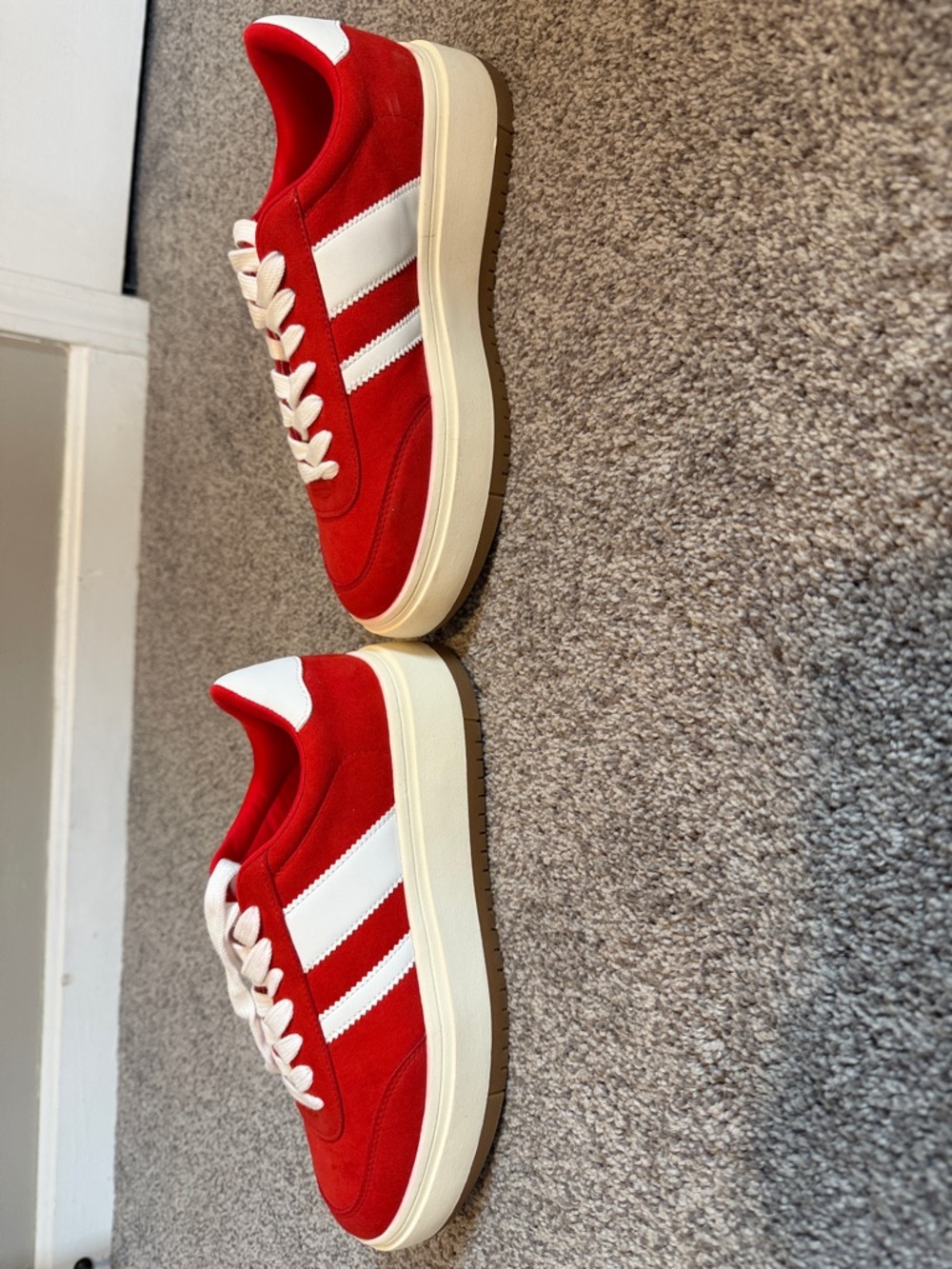Red Suede Low-Top Women's Sneakers with White Stripes